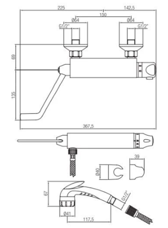 PB Clinic mindervaliden douchethermostaat met lange hendel chroom  met knijphanddouche 1208956282